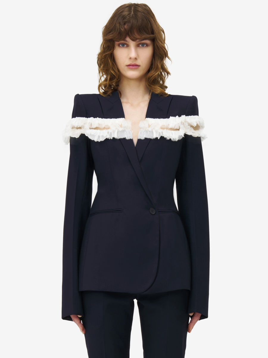 ALEXANDER MCQUEEN - Slashed Creponne Detail Single-breasted Jacket - Item 830322QJADK4100